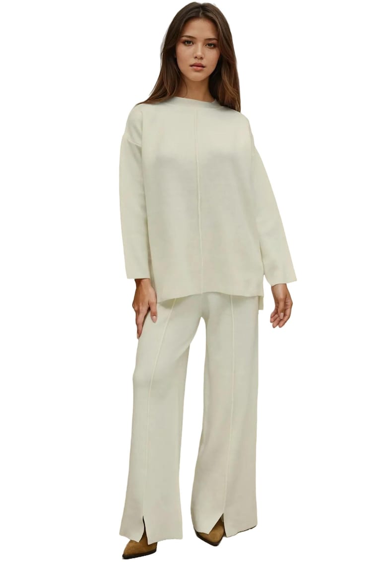 Set compleu pulover lung si pantaloni largi - tricot - alb Set compleu pulover lung si pantaloni largi - tricot - alb