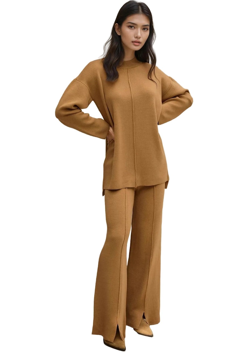 Set coordonat pulover lung si pantaloni largi -  tricot - bej