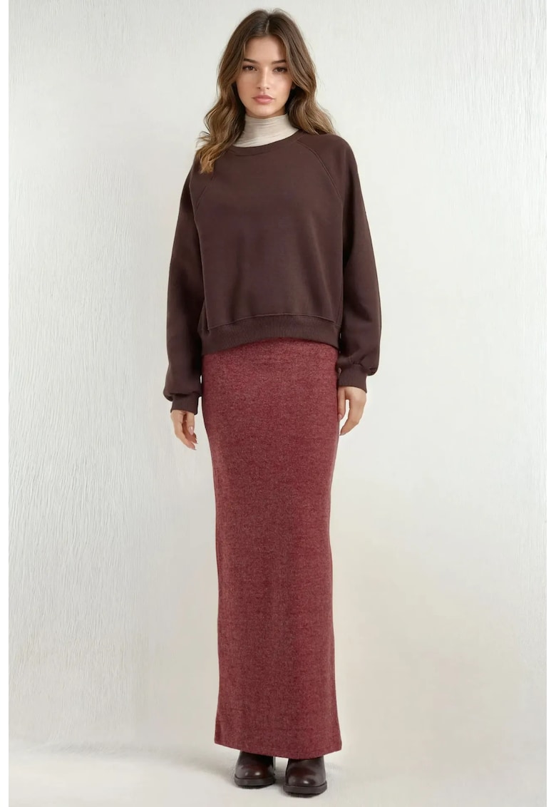 Fusta midi -  texturata - cu talie elastica si crapatura - visiniu - tricot