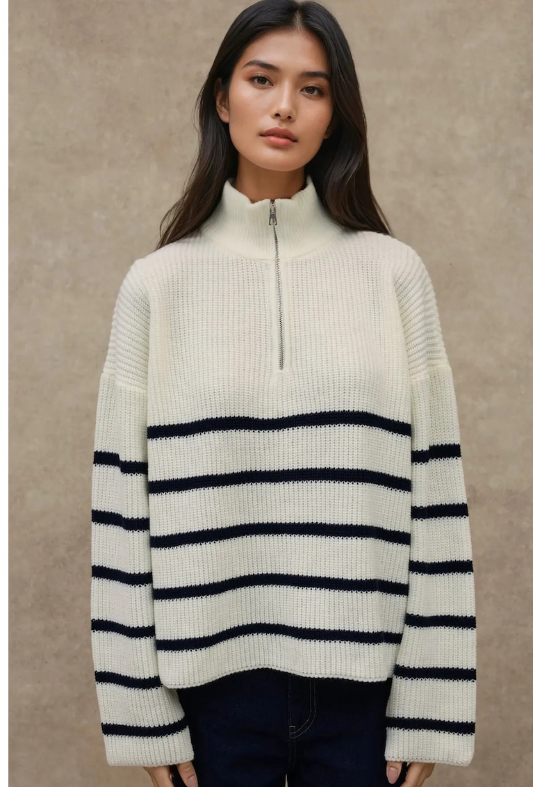 Pulover dama cu guler cu fermoar - maneca lunga - dungi - alb negru - tricot