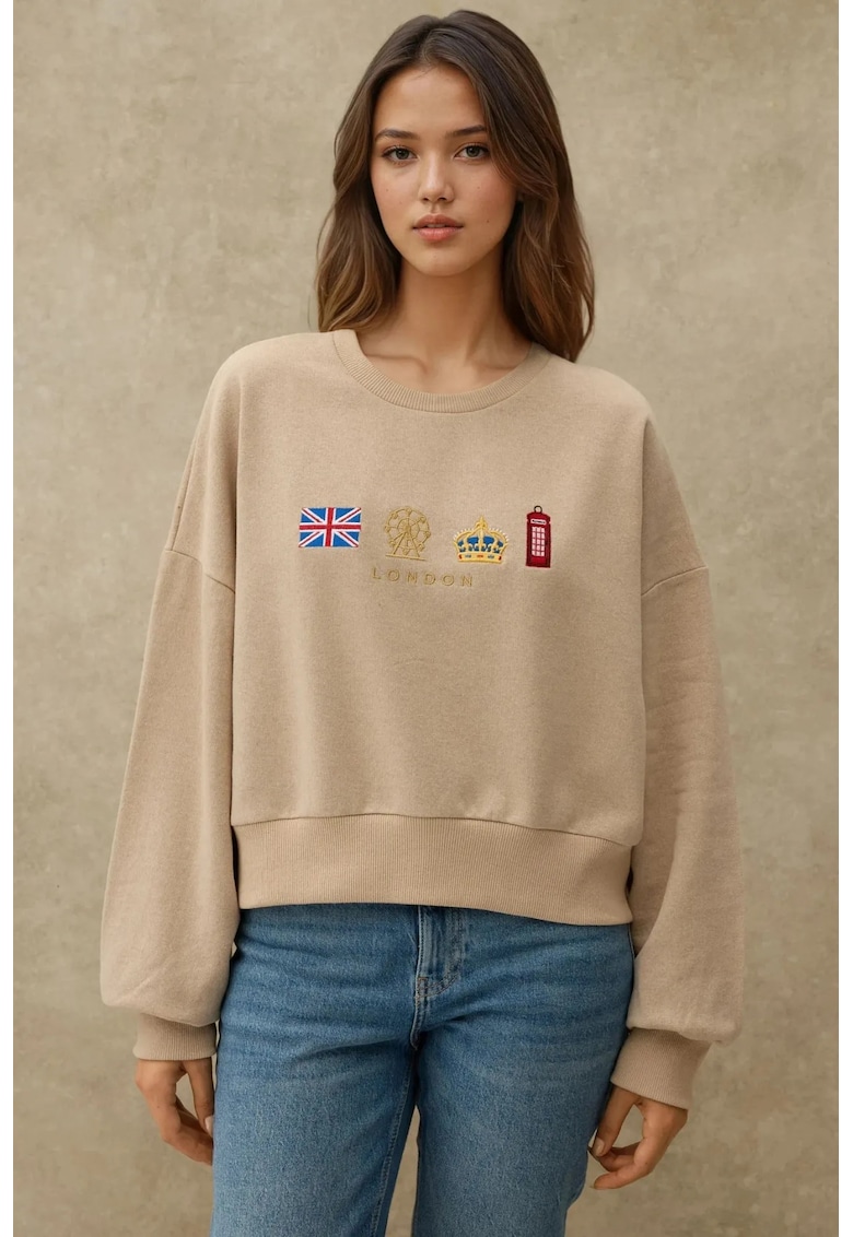 Hanorac dama guler rotund - detalii brodate - bej - textil