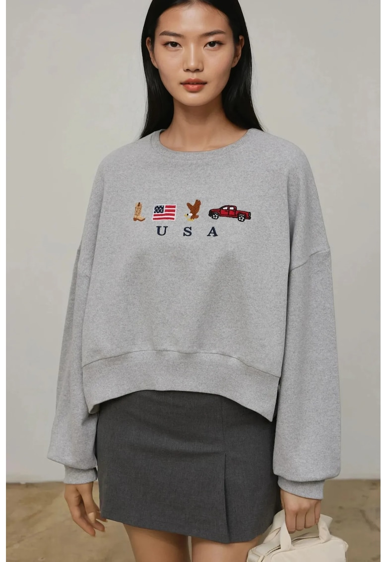 Hanorac dama guler rotund - brodat - gri deschis - material textil