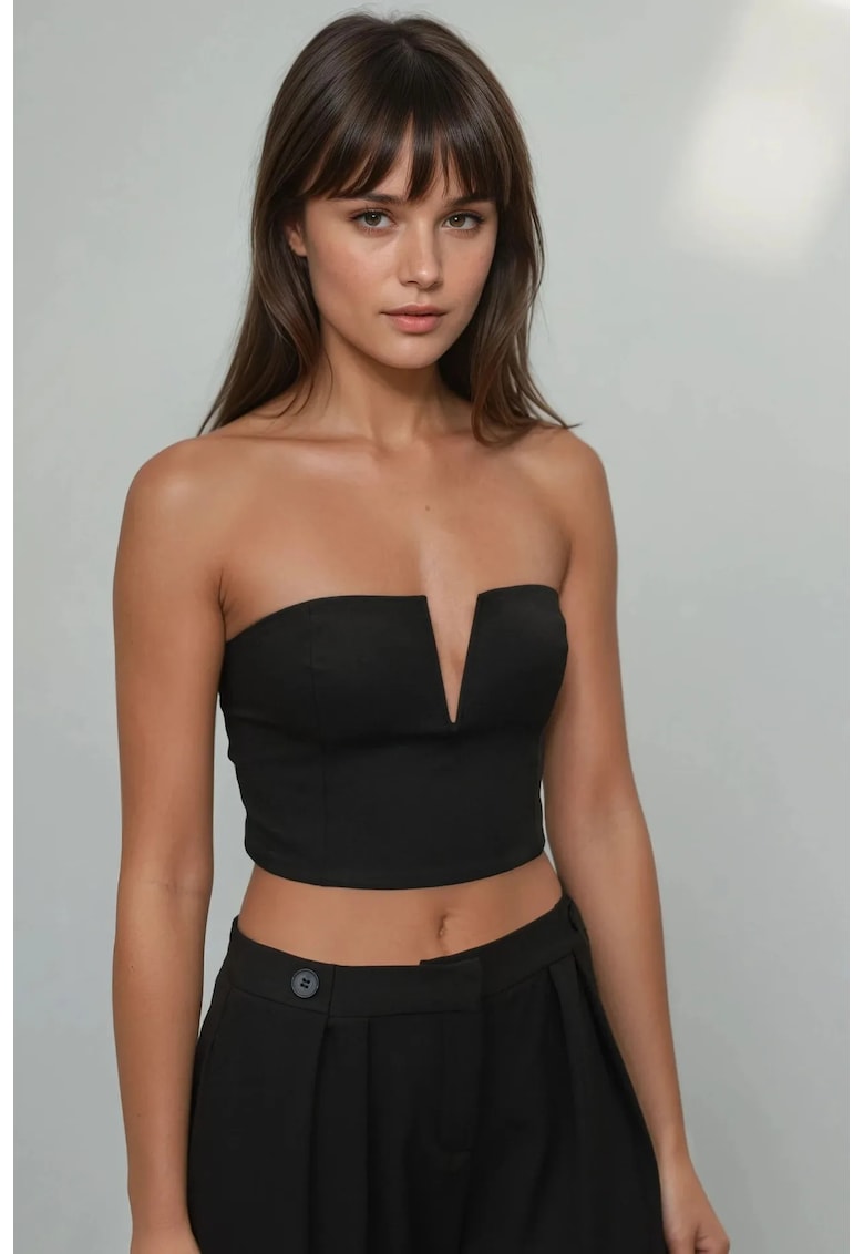 Tricou scurt dama  fara bretele - poliester/elastan - negru