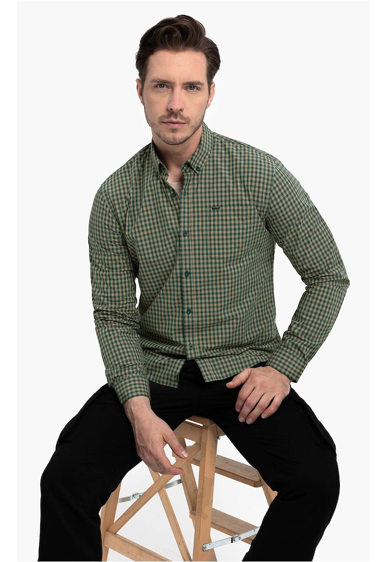 Camasa cu model in carouri - cu guler fixat cu nasturi - maneci lungi - Slim Fit - K-Rube - Verde