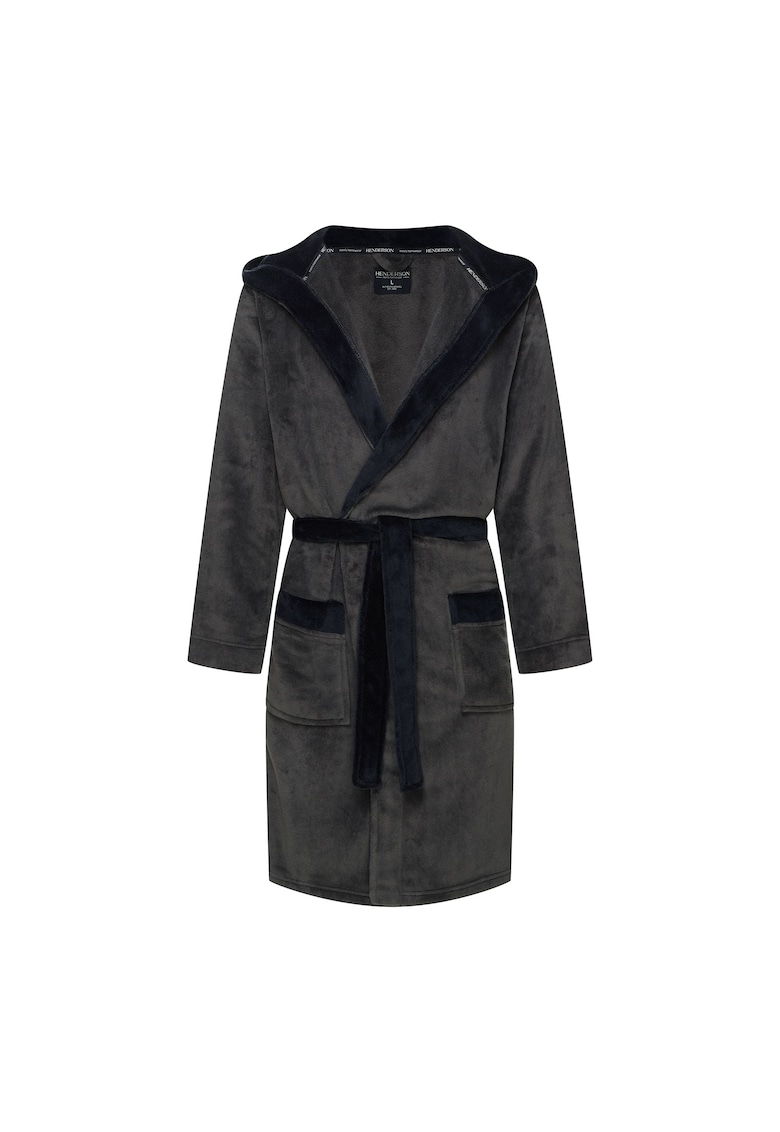 Halat de baie barbati - gri - maneca lunga - poliester - cu gluga