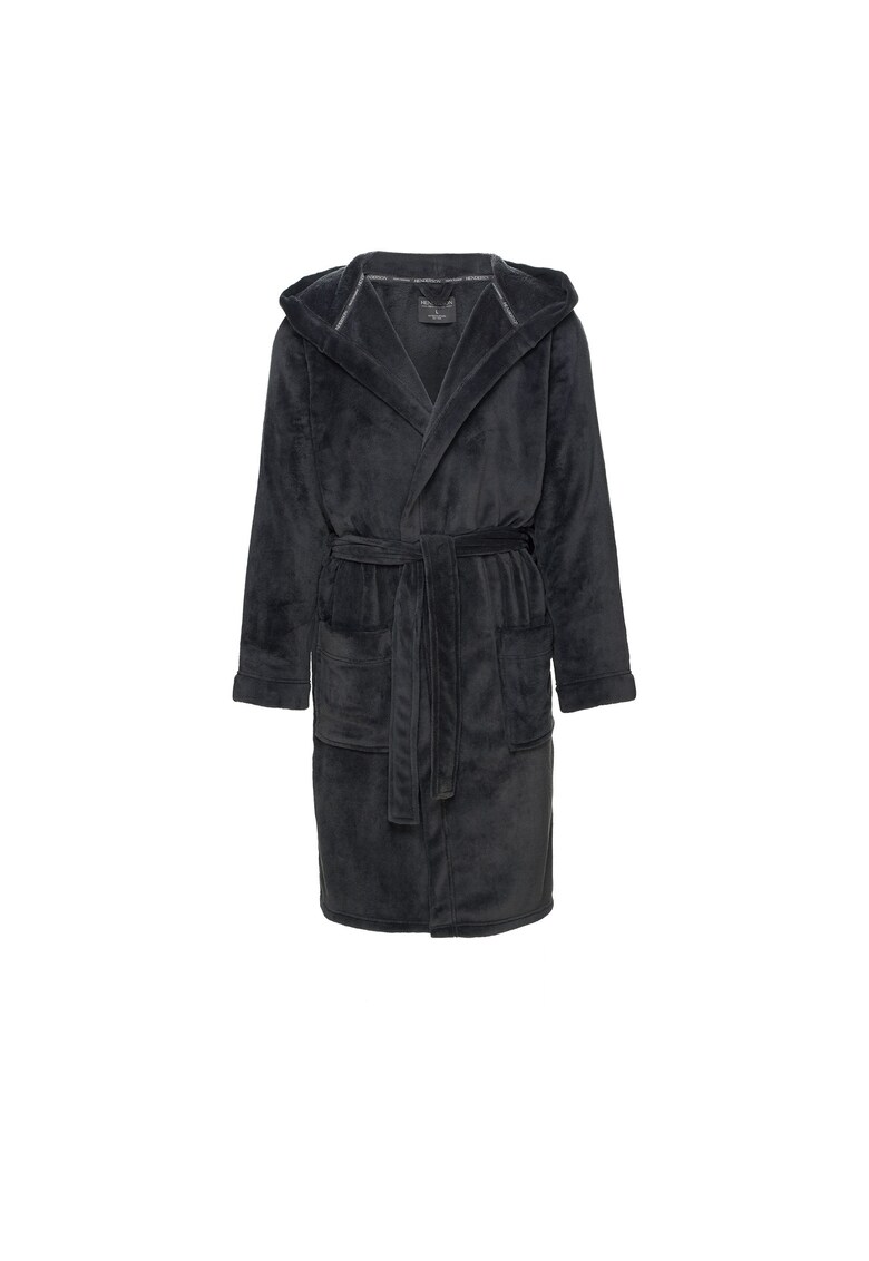 Halat de baie barbati - gri inchis - 2 buzunare - gluga - poliester