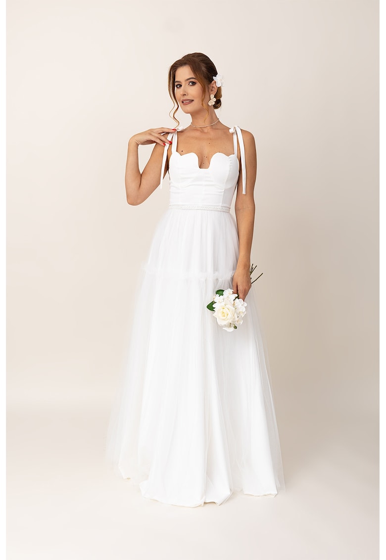 Rochie maxi evazata cu funde pe umeri