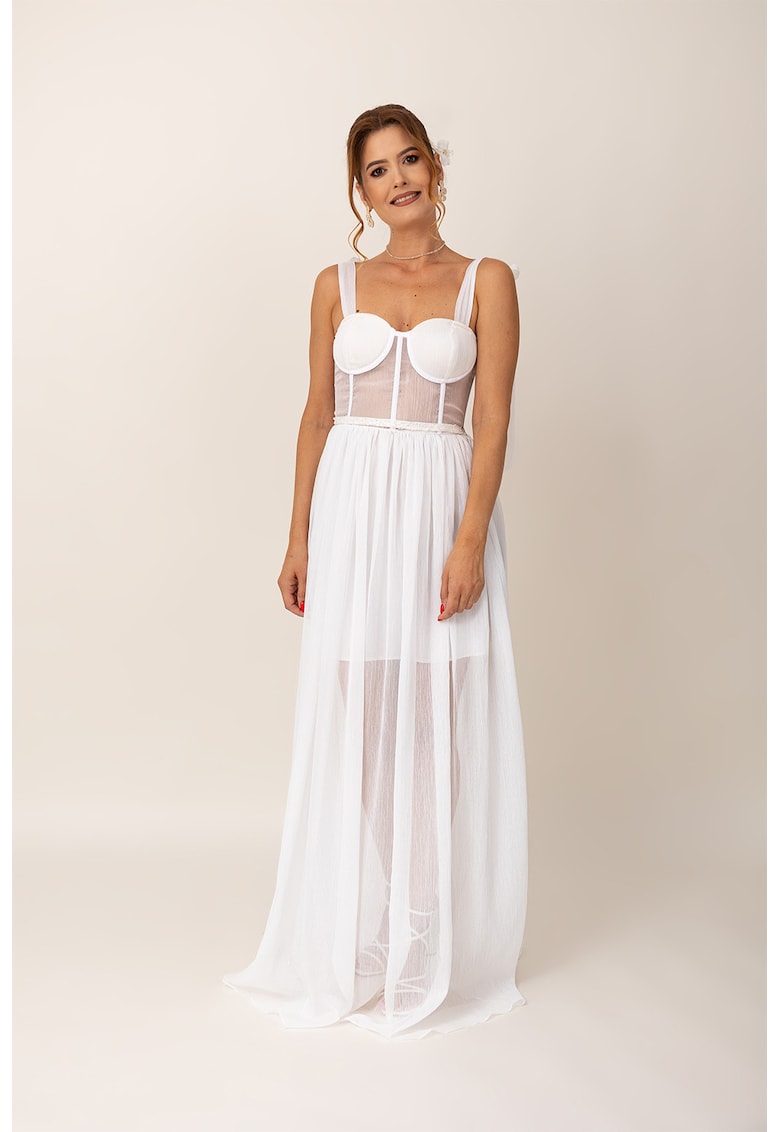 Rochie lunga evazata cu detalii semitransparente - Alb/Transparent