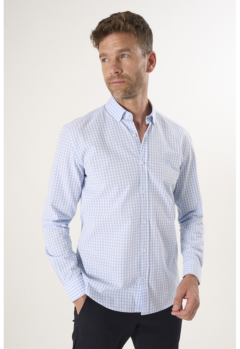 Camasa din bumbac cu model in carouri - Alb/Albastru deschis