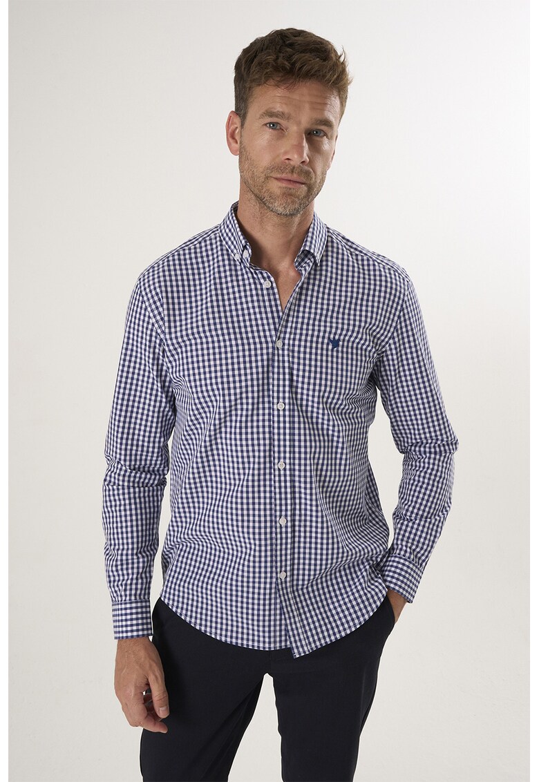 Camasa din bumbac cu model in carouri - Alb/Albastru indigo