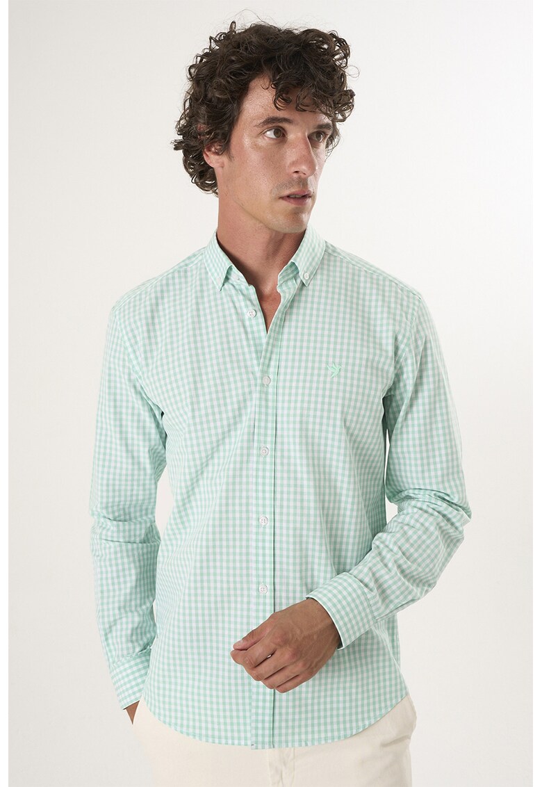 Camasa din bumbac cu model in carouri - Alb/Verde menta