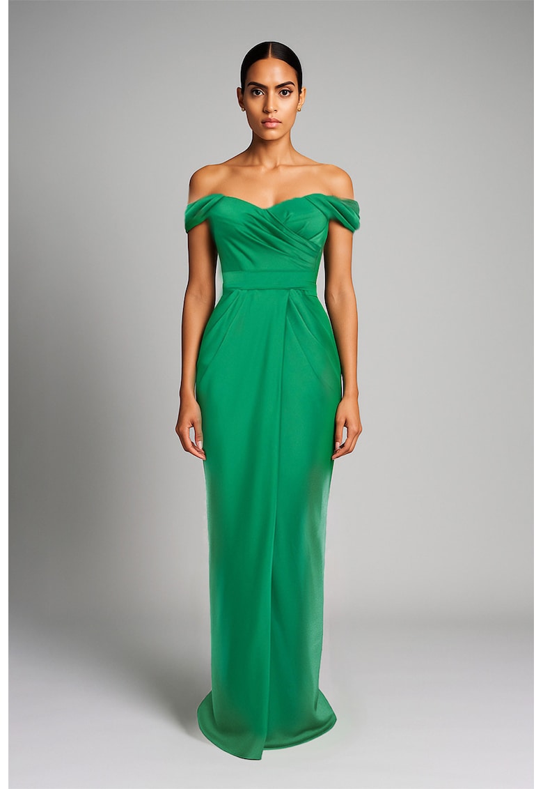 Rochie maxi cu aspect satinat si decolteu pe umeri