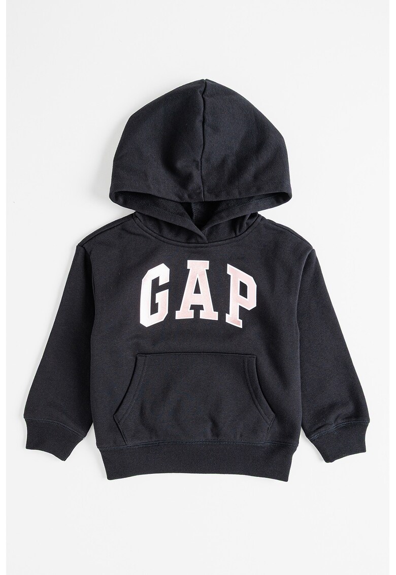 Hanorac cu imprimeu logo si buzunar kangaroo - Negru/Roz prafuit