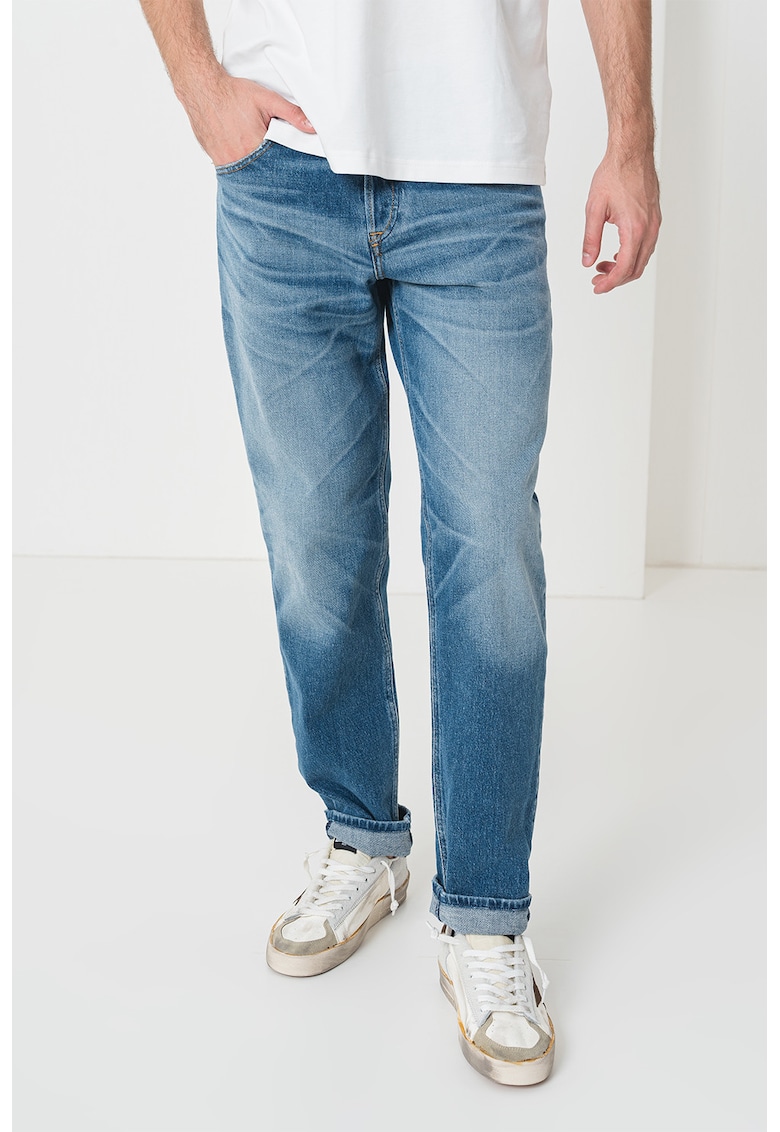 Blugi uni de bumbac cu nasturi - Albastru melange