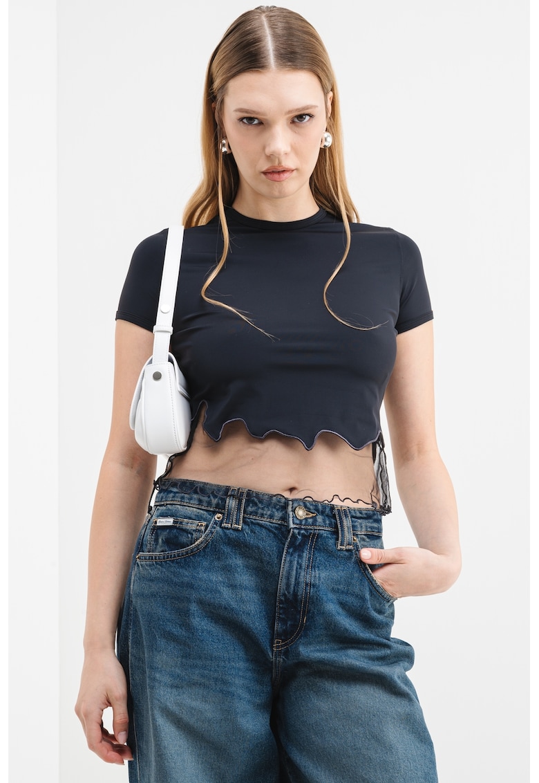 Tricou crop cu insertie transparenta - Negru
