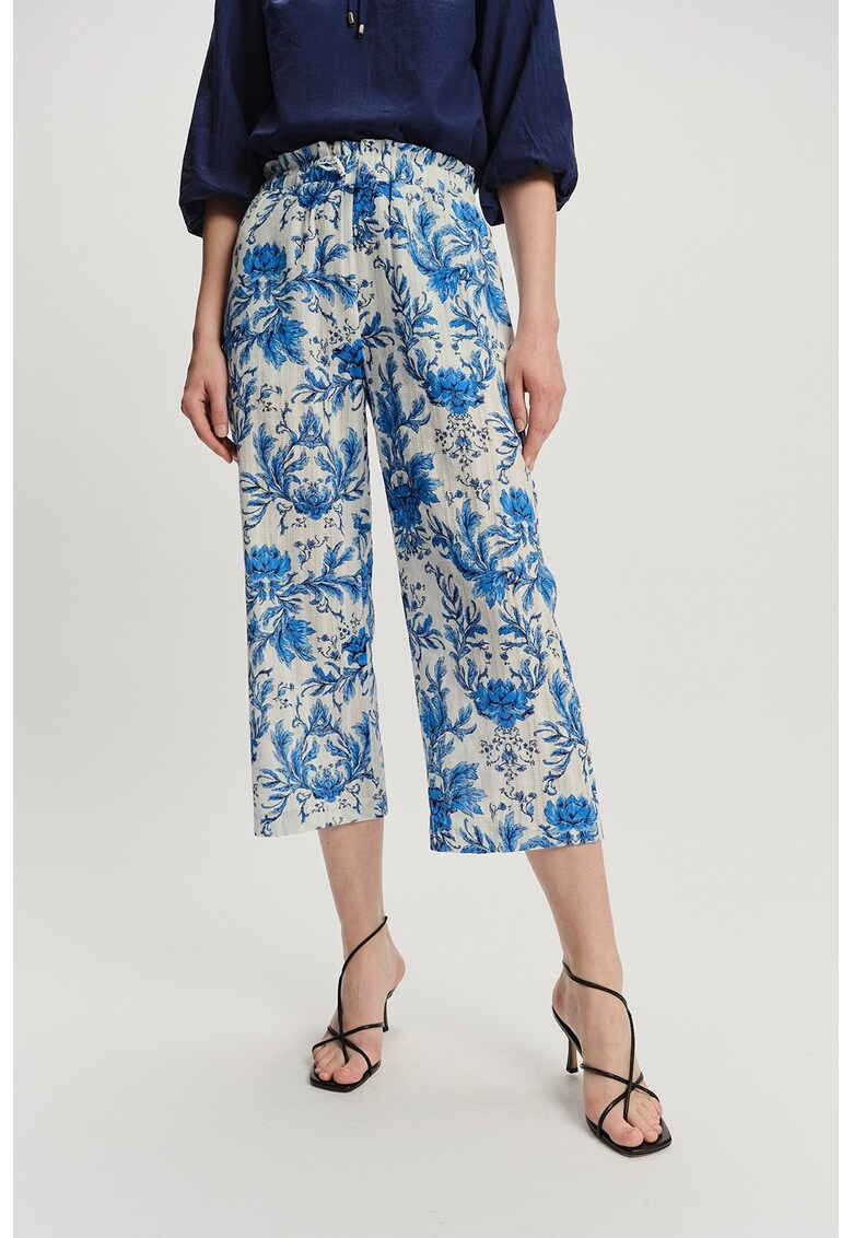 Pantaloni crop cu design floral - Alb fildes/Albastru