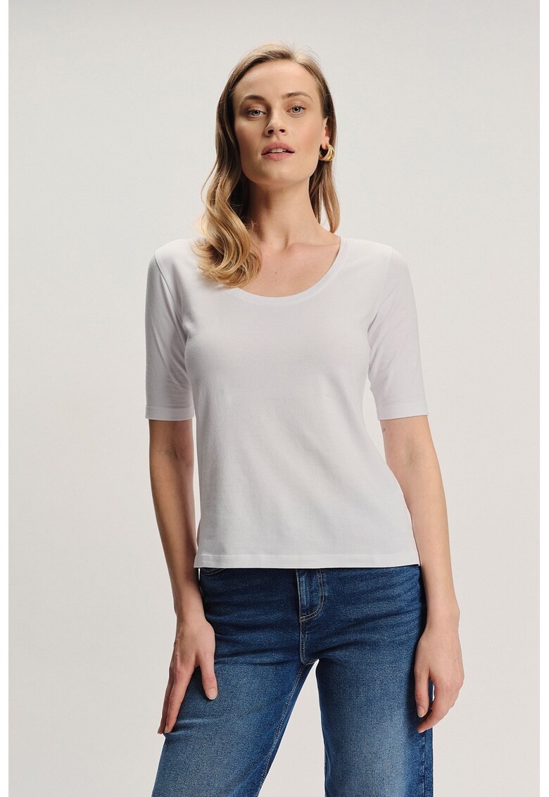 Tricou cu decolteu rotund si maneci medii - Alb