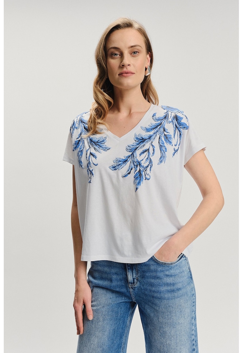 Tricou din amestec de modal cu imprimeu floral si decolteu in V