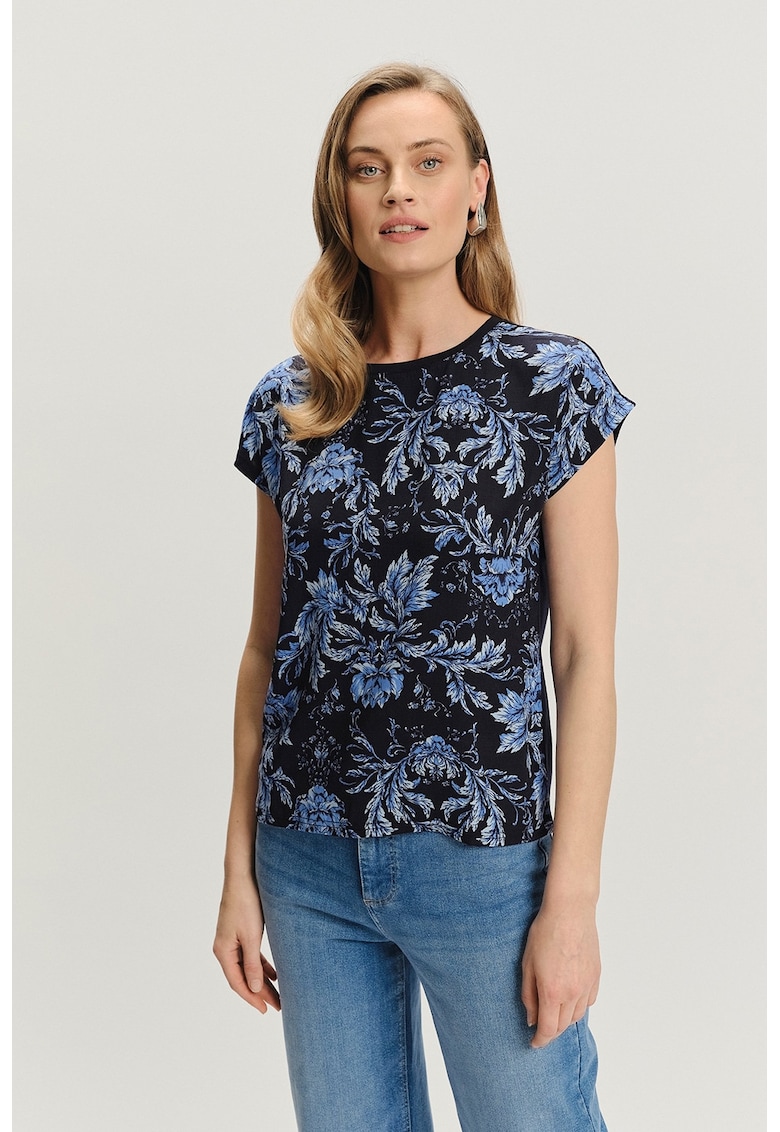 Tricou cu model floral si decolteu la baza gatului