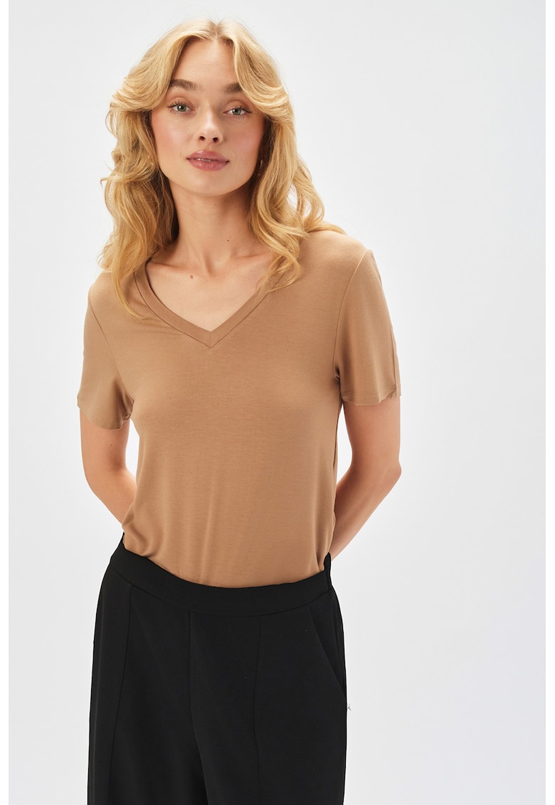 Tricou cu decolteu in V - Maro nisip