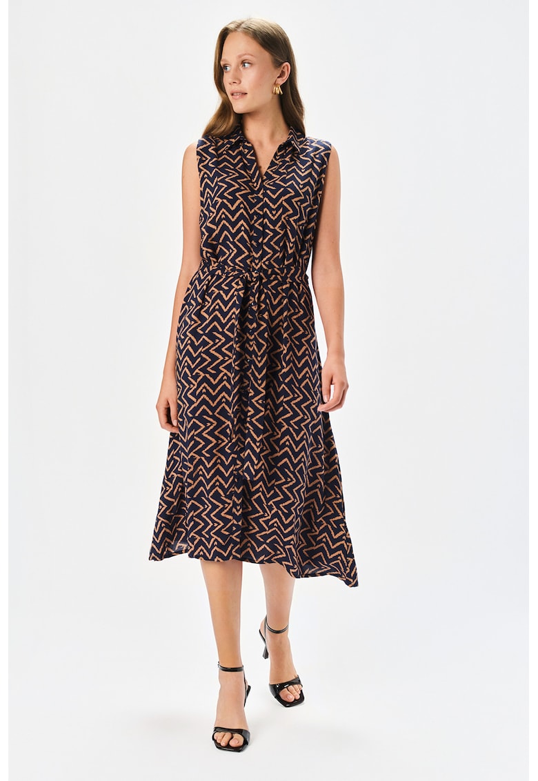 Rochie midi cu model si cordon in talie