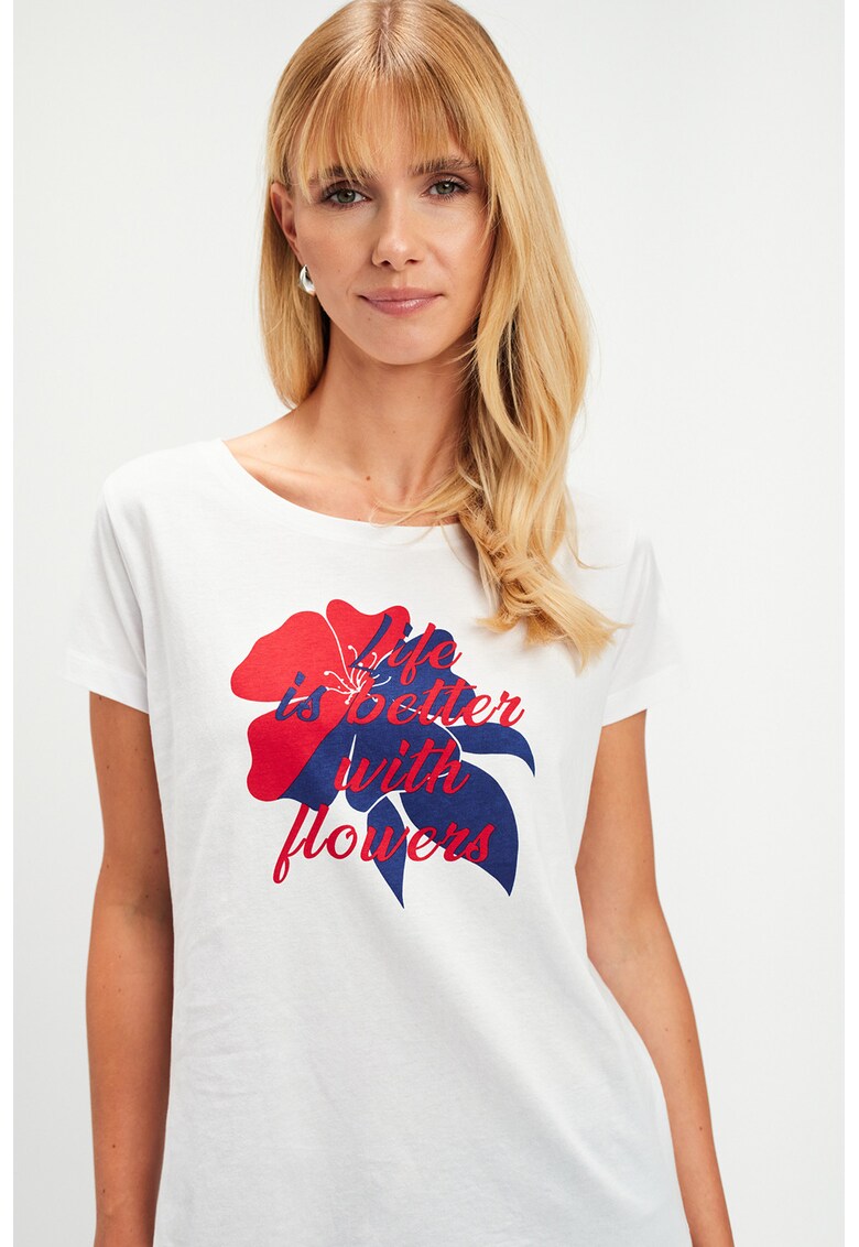 Tricou cu imprimeu floral - Alb optic/Rosu vermillion