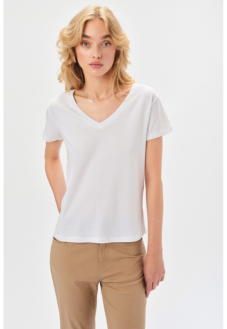 Tricou de bumbac cu decolteu in V - Alb optic
