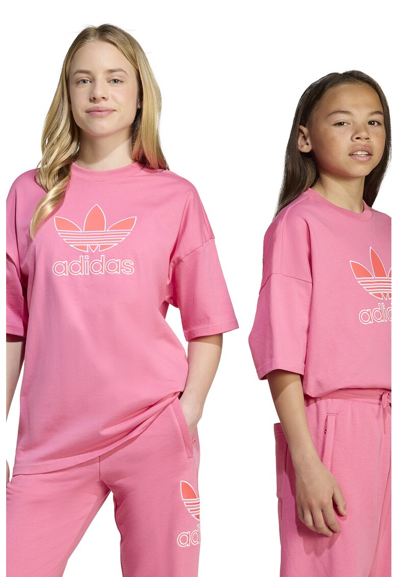 Tricou din bumbac cu logo si maneci cazute - Roz