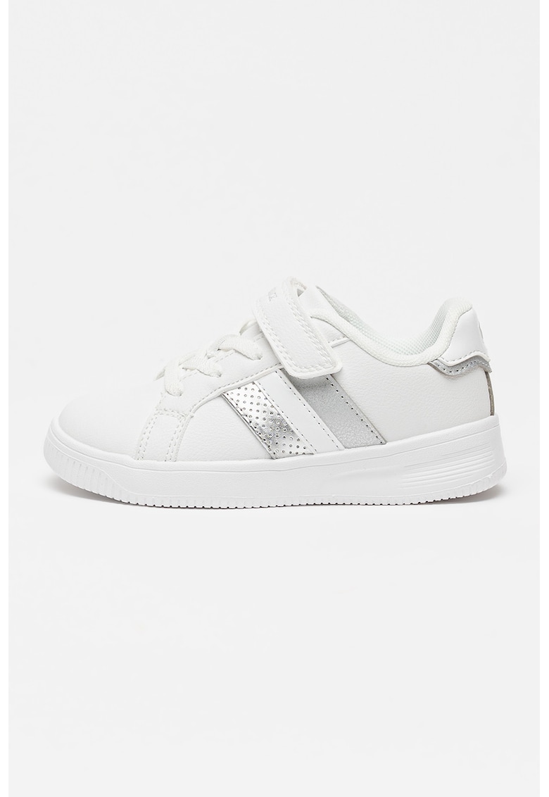 Pantofi sport cu velcro si logo - Alb/Argintiu