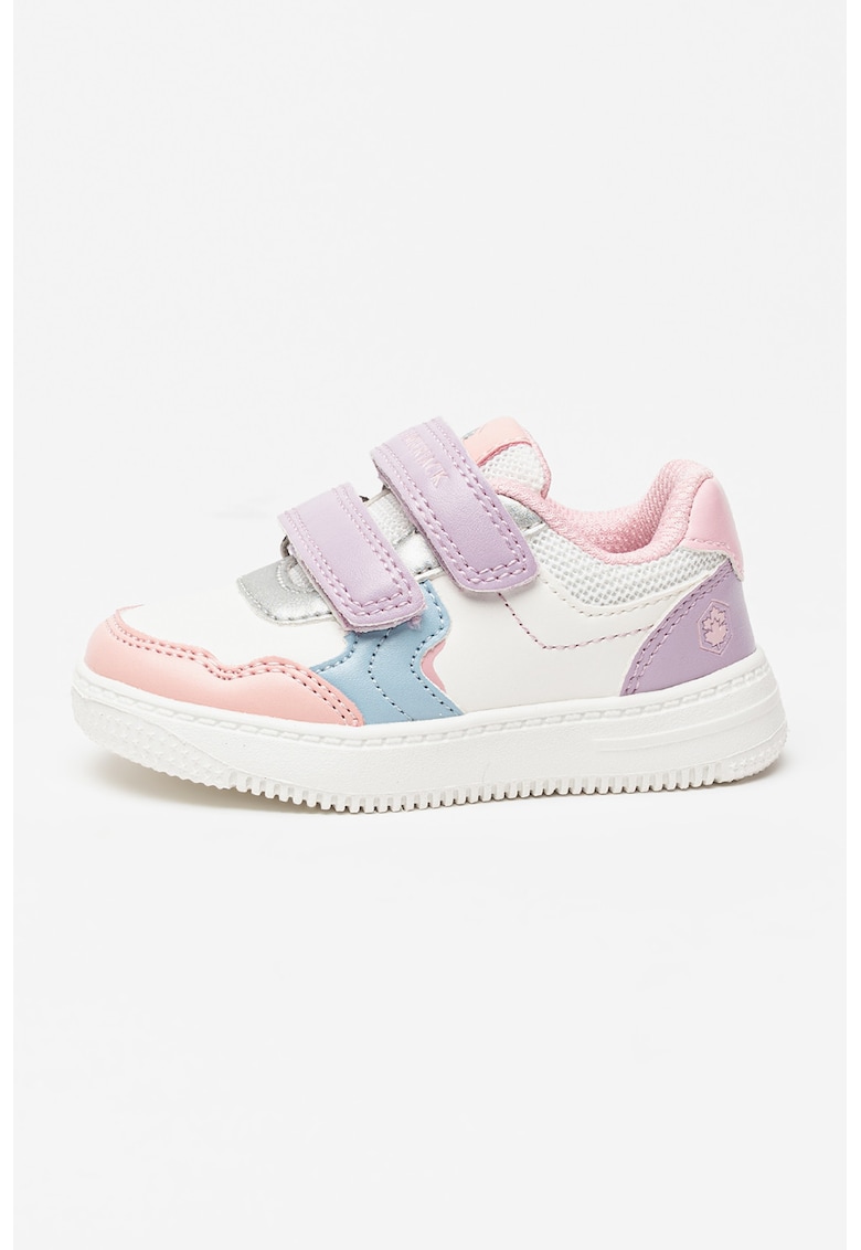 Pantofi sport de piele ecologica cu velcro - Alb/Violet deschis/Piersica