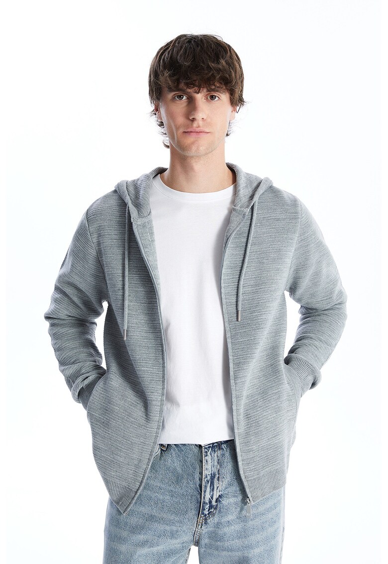 Hanorac cu fermoar si buzunare oblice - Gri deschis melange