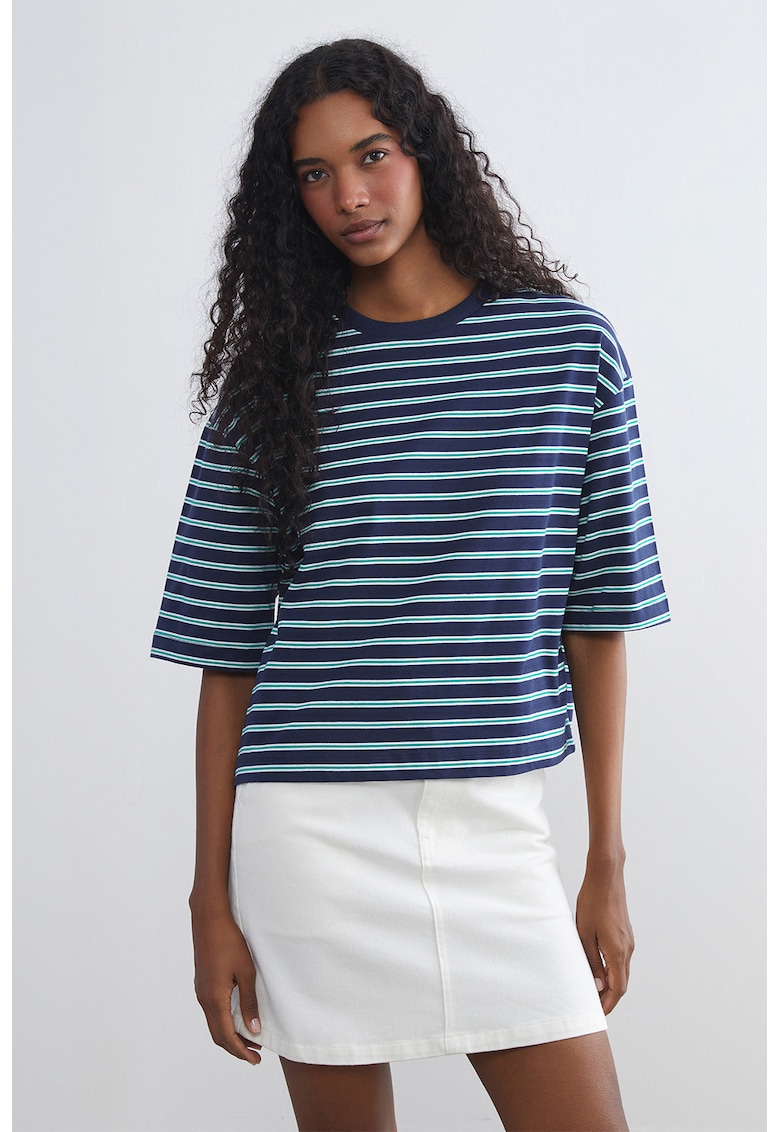 Tricou din bumbac cu model in dungi si maneci medii