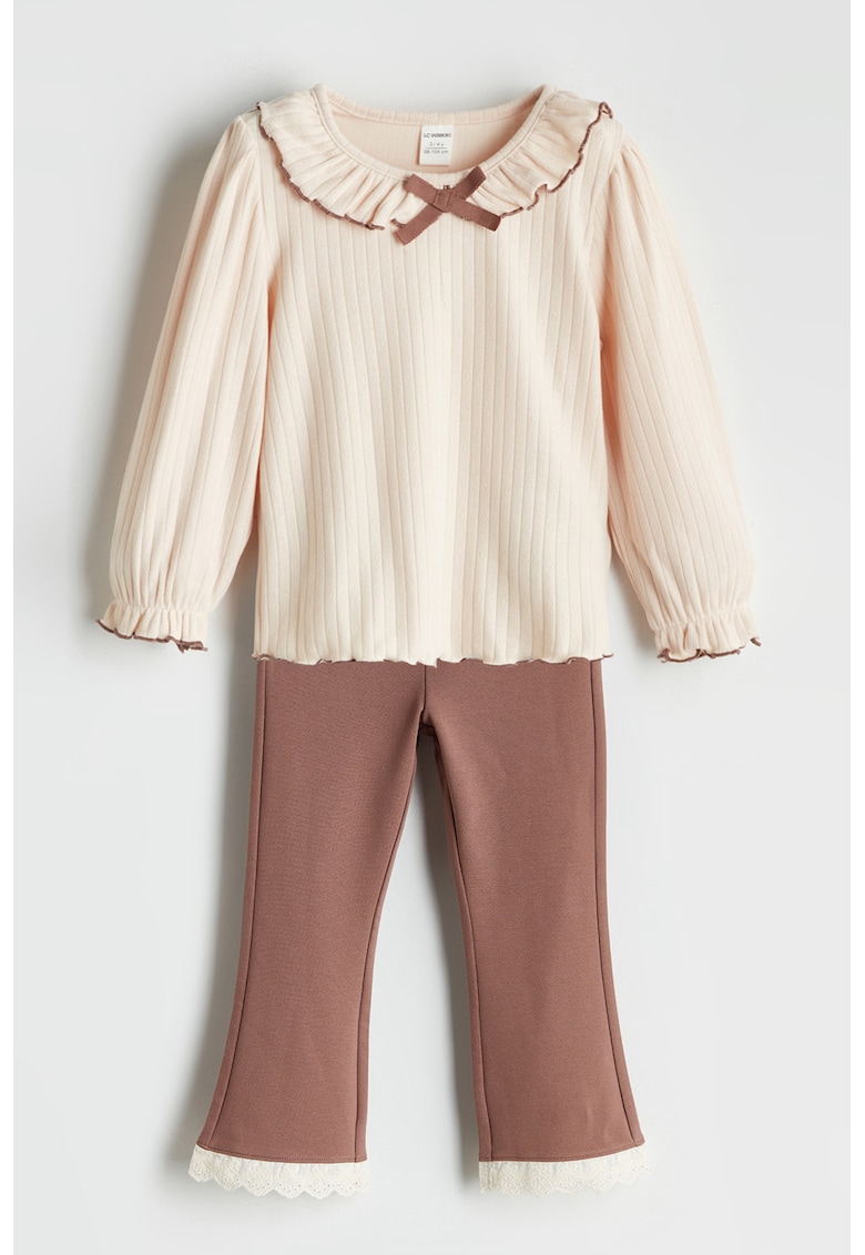 Set de bluza cu guler cu volane si pantaloni cu croiala bootcut - 2 piese - Maro deschis/Bej deschis