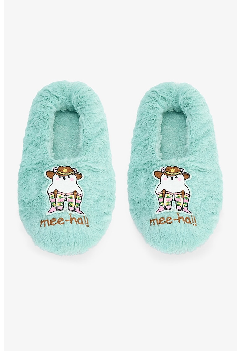 Papuci de casa pufosi cu detaliu cu aplicatie