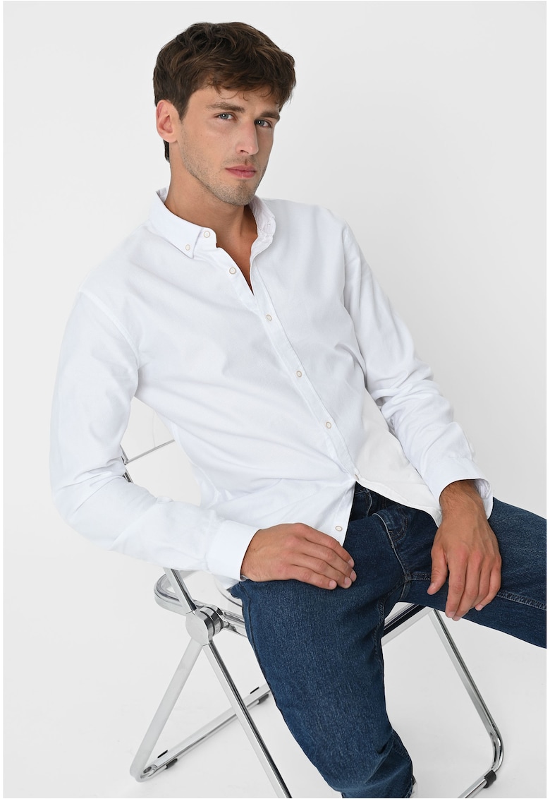 Camasa barbateasca din bumbac cu guler fixat cu nasturi - Slim Fit - K-Salix - Alba