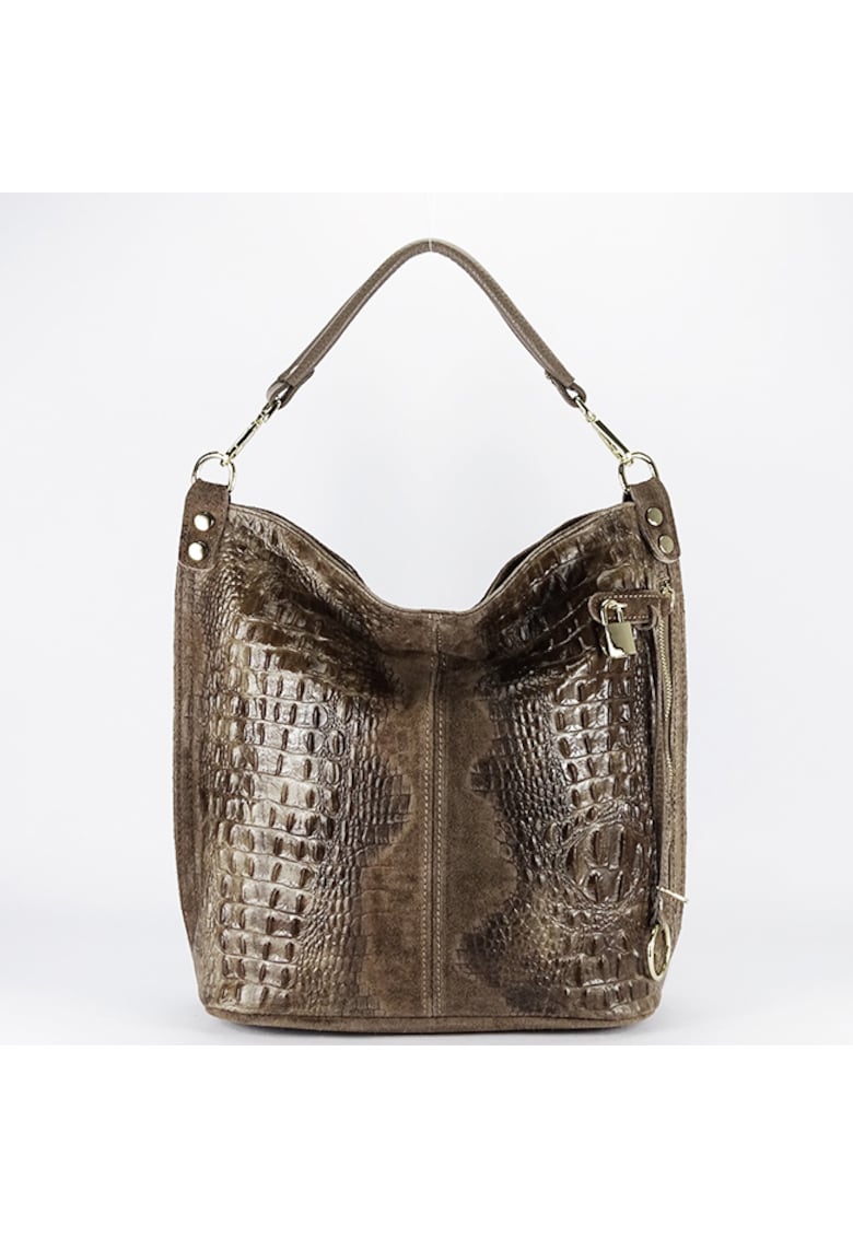 Geanta taupe din piele naturala cu imprimeu reptila 1915 M9 Maro taupe