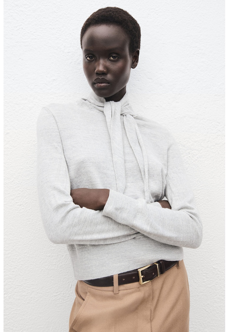 Pulover din amestec de lana cu guler inalt si snururi de ajustare