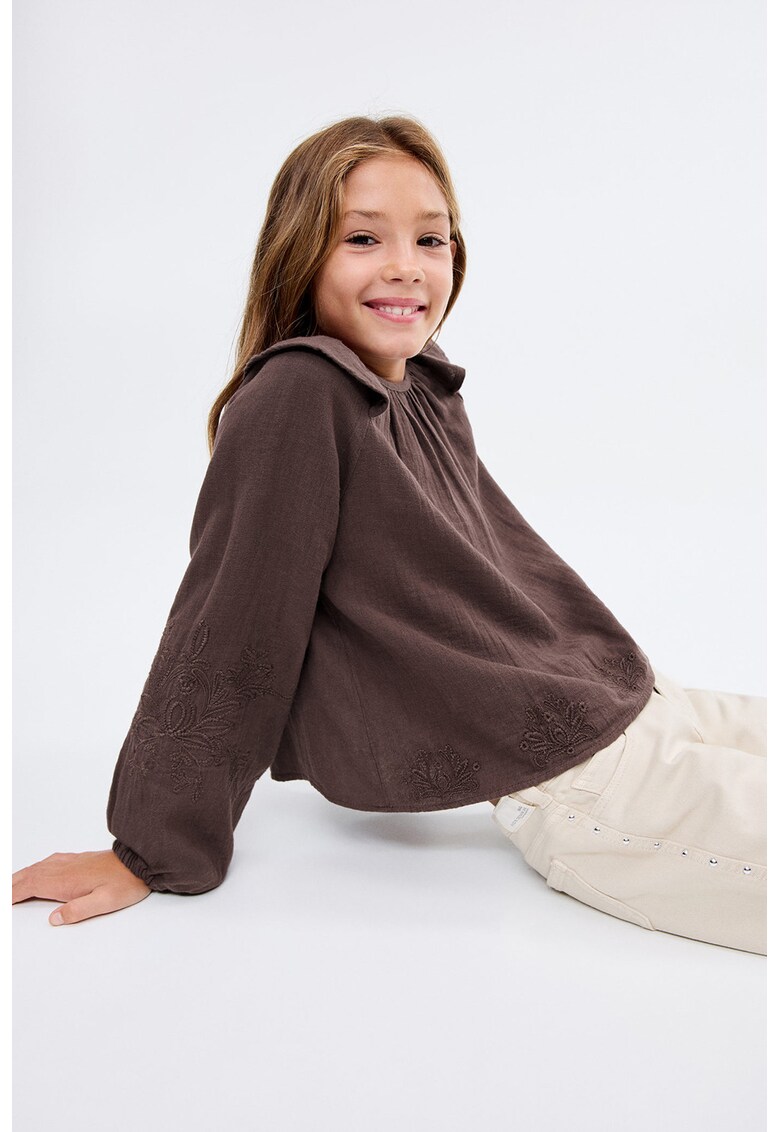 Bluza din bumbac cu broderie - Maro cognac