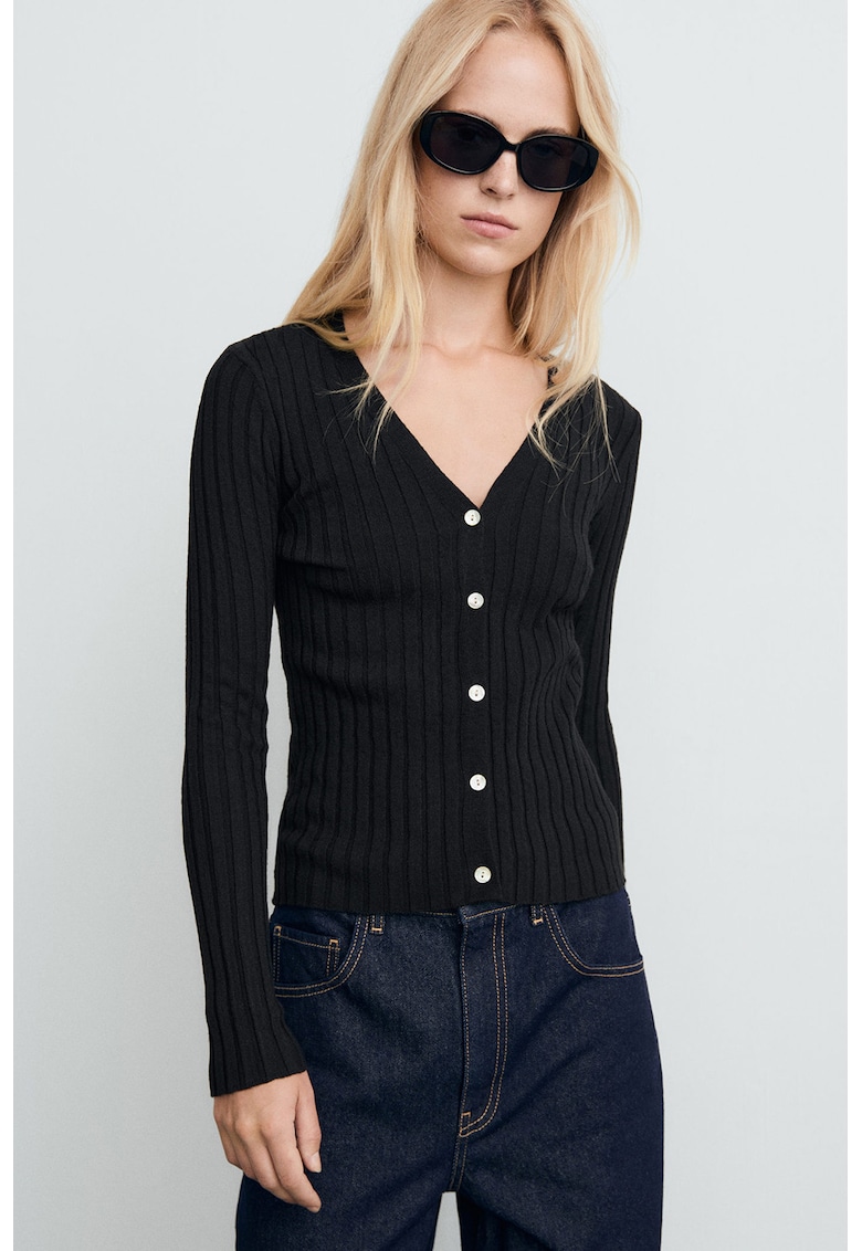 Pulover cu decolteu in V si nasturi - Negru