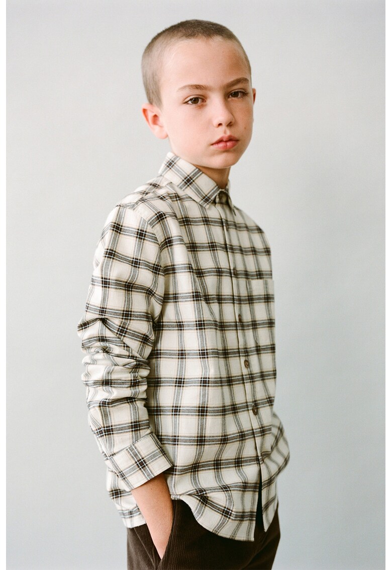 Camasa din bumbac cu model in carouri - Albastru inchis/Maro inchis/Bej deschis