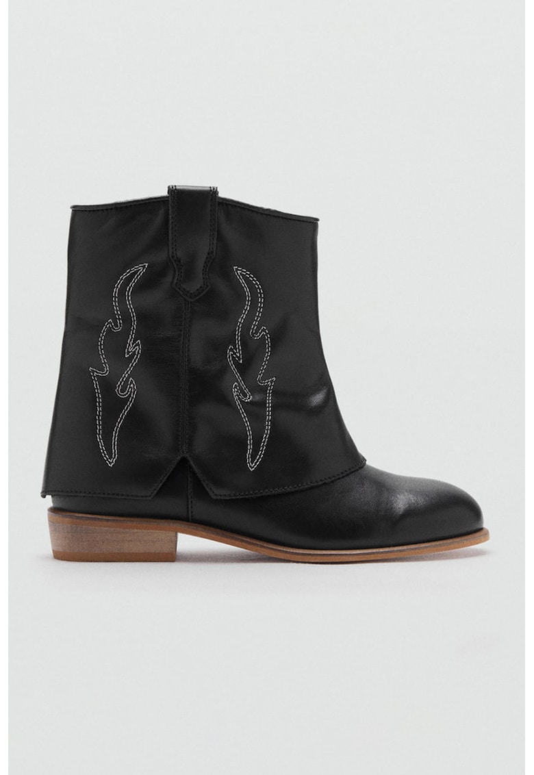 Botine din piele cu detalii brodate - Negru/Caramel