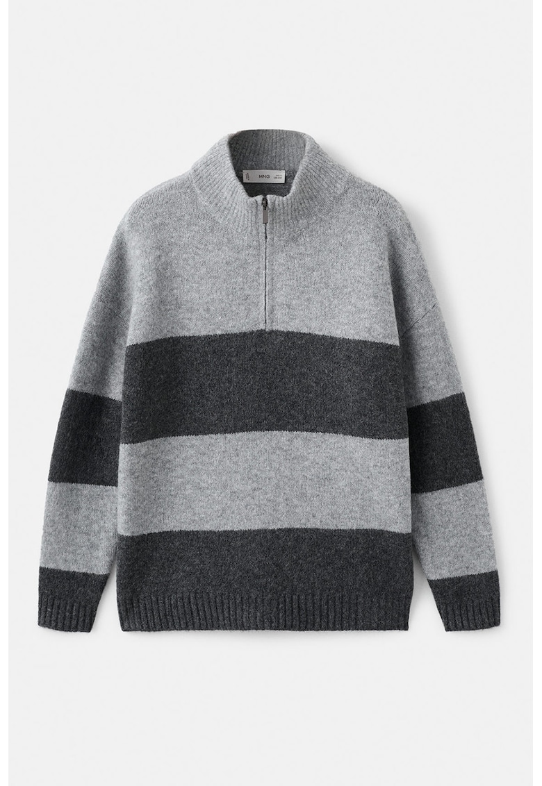 Pulover cu model in dungi si fermoar scurt - Gri deschis/Gri inchis