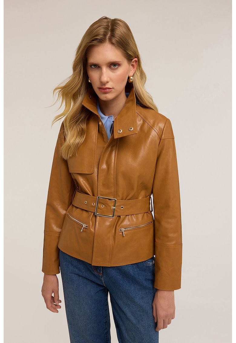 Jacheta din piele ecologica cu cordon in talie