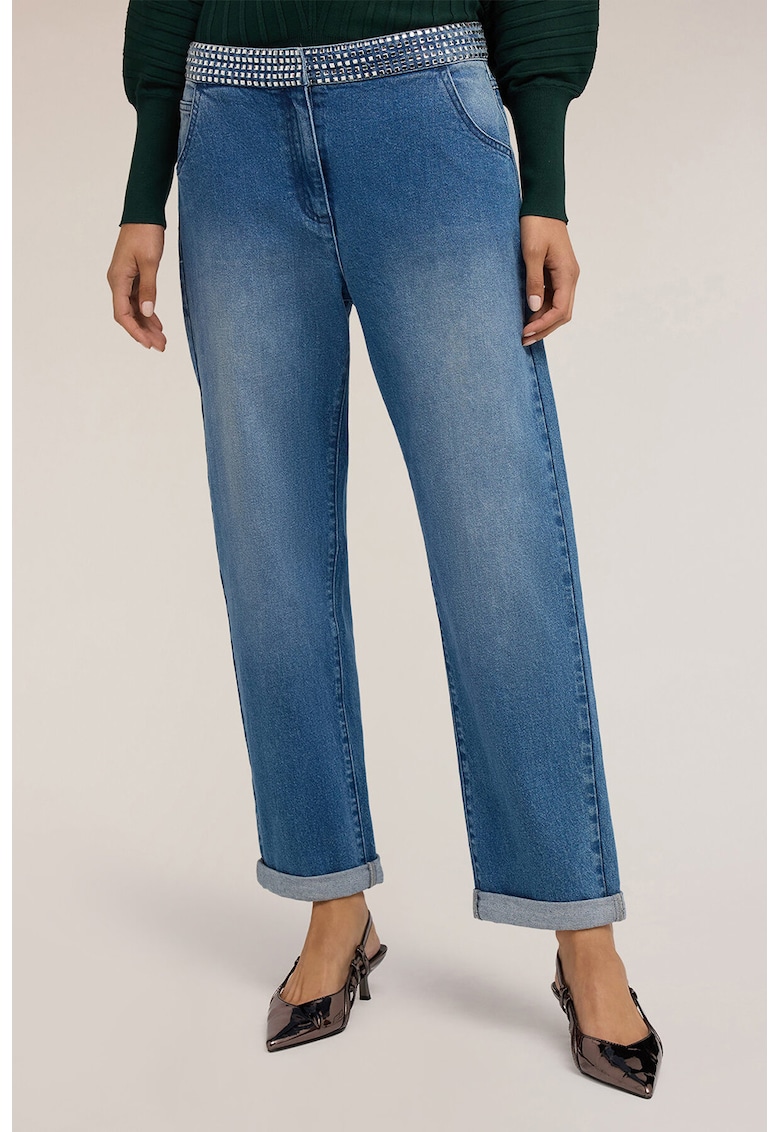 Blugi cu croiala dreapta si banda cu strasuri in talie