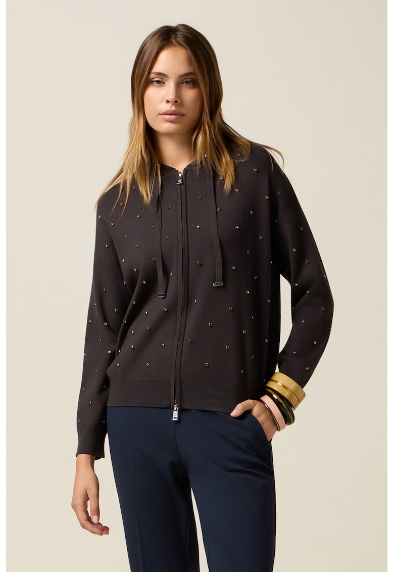 Hanorac cu fermoar si strasuri - Maro inchis