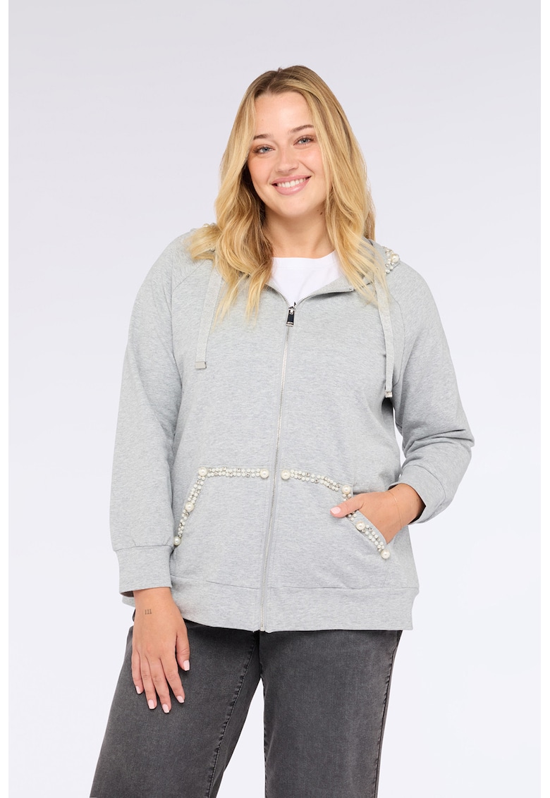 Hanorac cu fermoar si decorat cu margele - Gri deschis melange