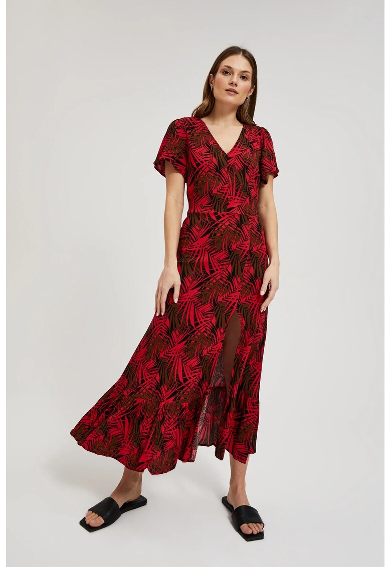 Rochie cu decolteu in V si imprimeu tropical L-SU-4345 - Rosu