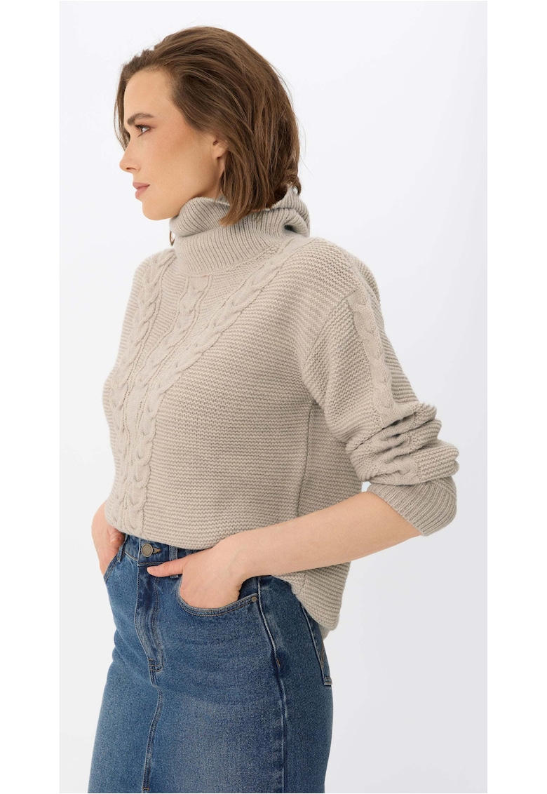 Pulover impletit cu guler inalt - S-Essie - bej melange