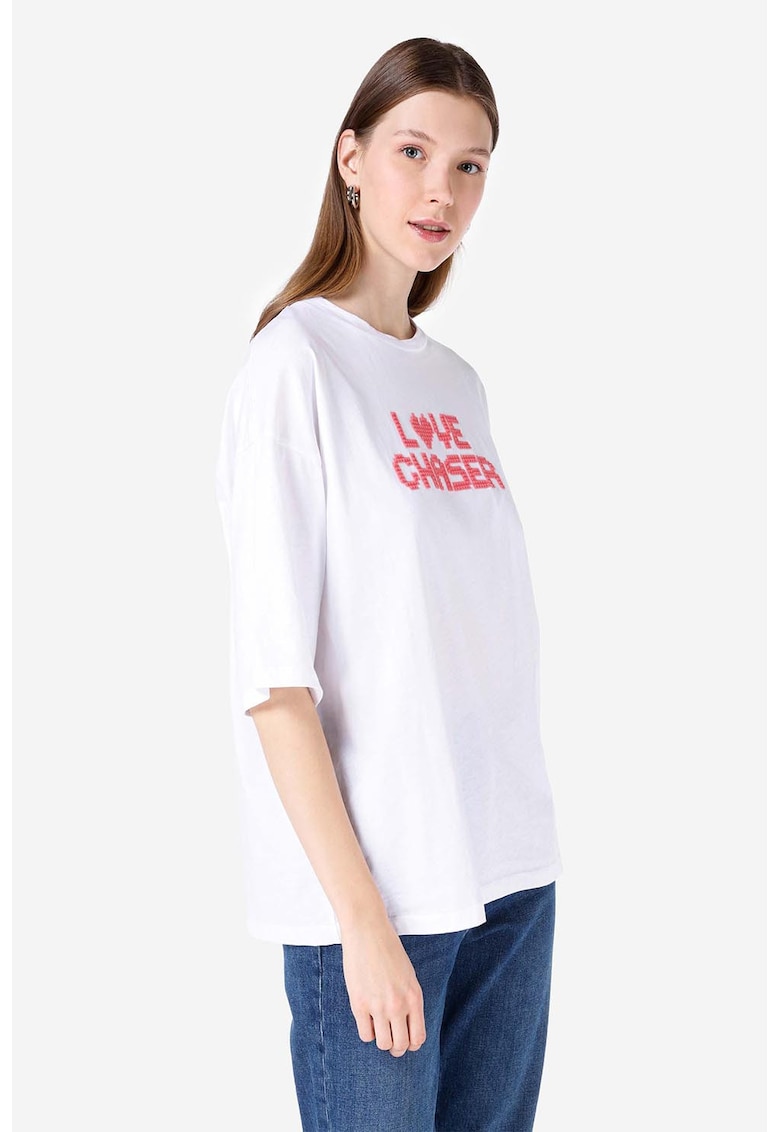 Tricou lejer cu imprimeu text - Alb/Roz pastel