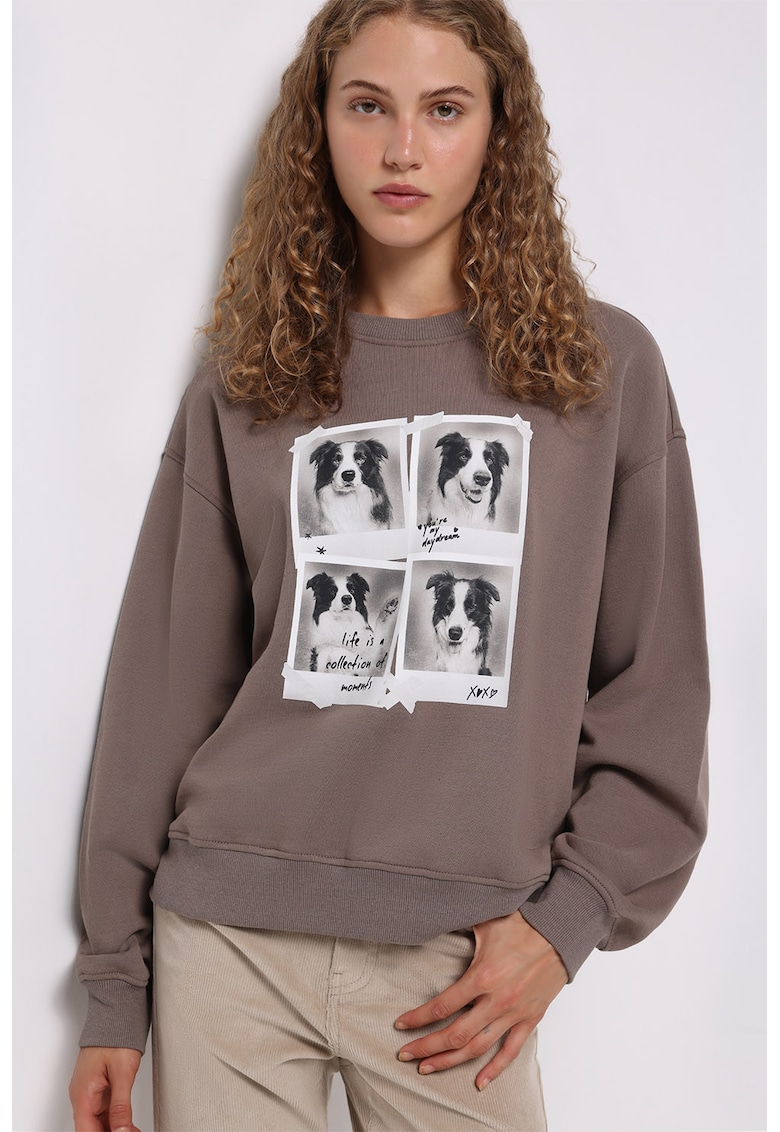 Bluza de trening lejera cu imprimeu poze - Alb/Negru/Maro deschis